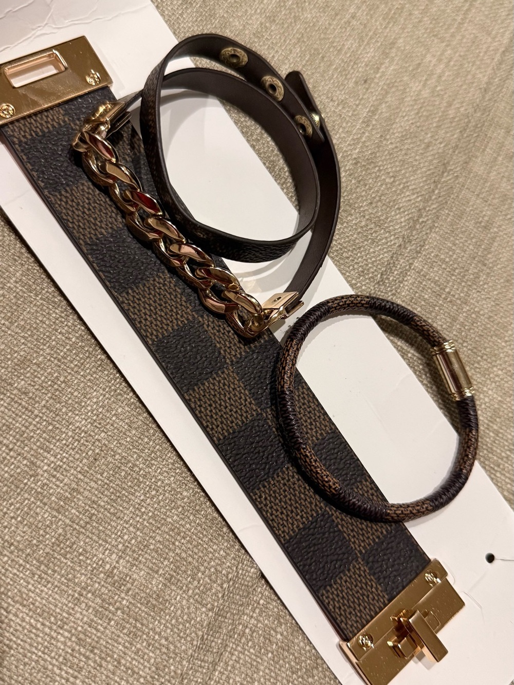 Brown Plaid Leather and Chain Bracelet Set